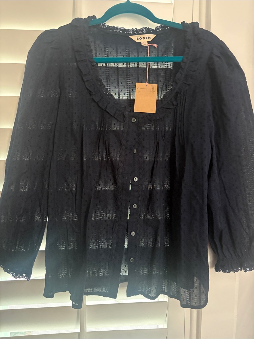 Boden Navy Button-Front Ruffle Trim Blouse